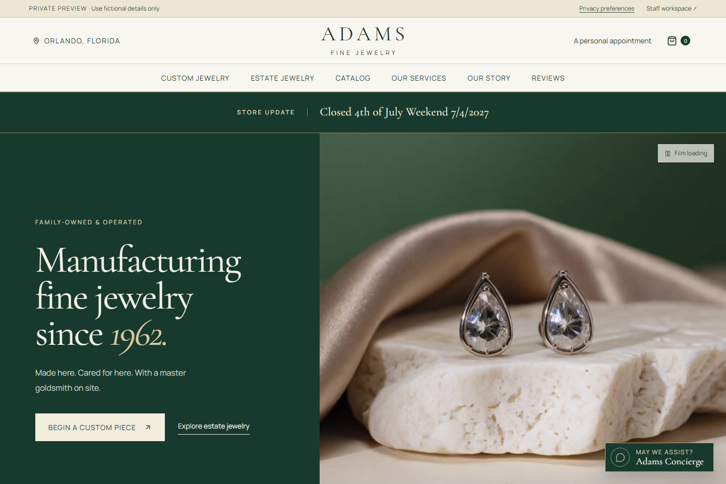 Adams Fine Jewelry redesign preview with an emerald and cream layout and jewelry photography