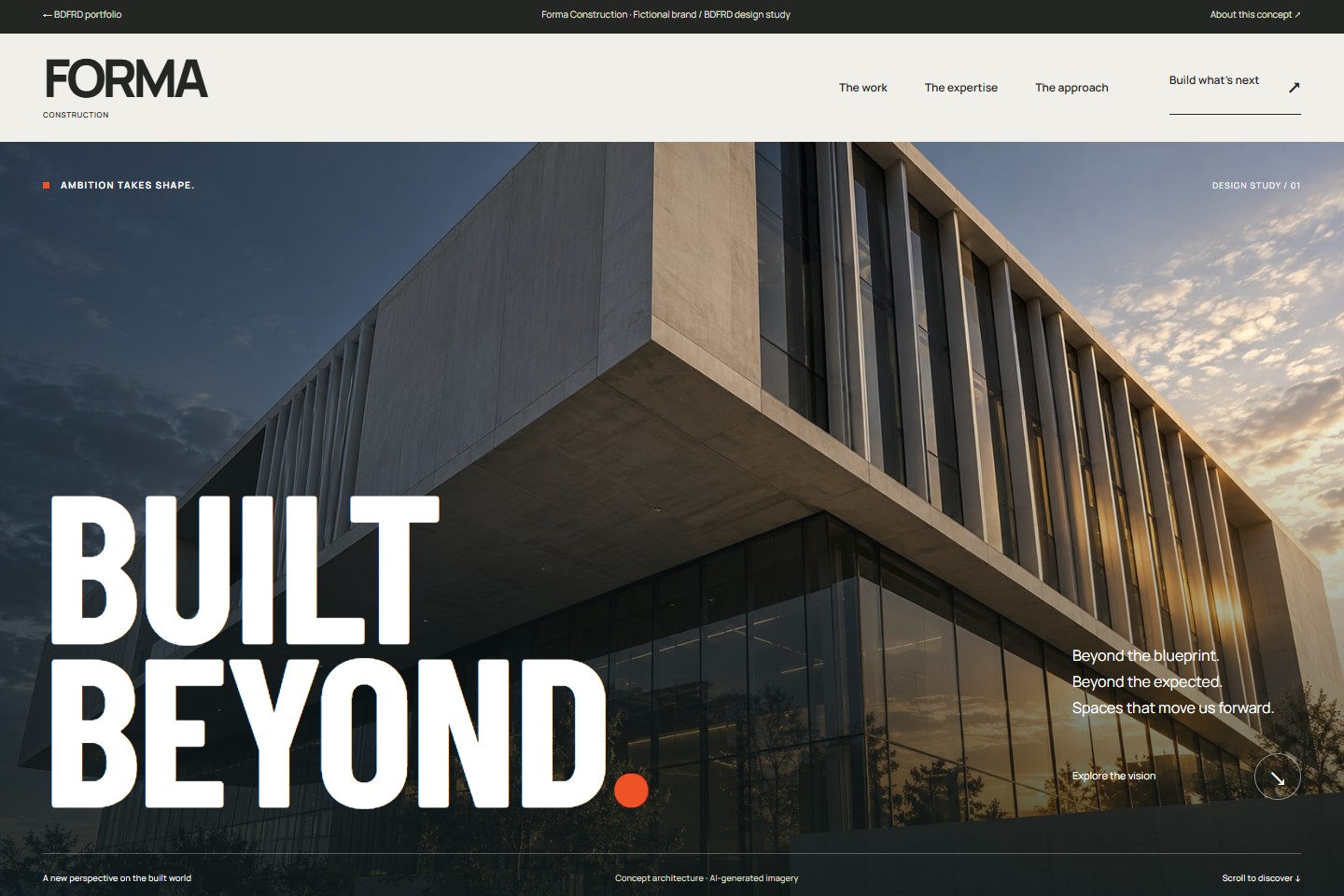 Forma Construction design study: oversized white Built Beyond lettering over architectural photography