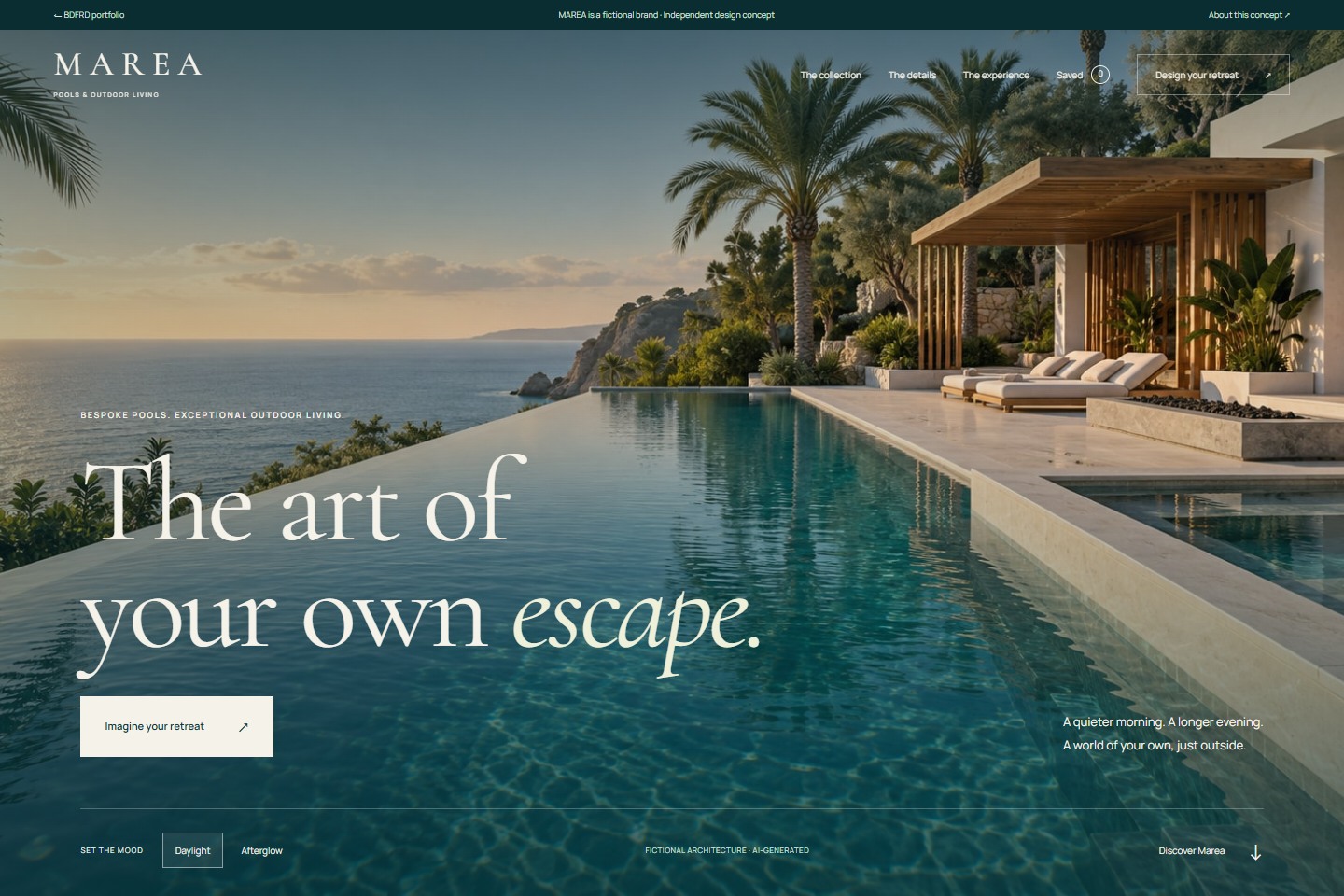 Marea luxury pool concept: elegant typography over a cinematic coastal infinity pool