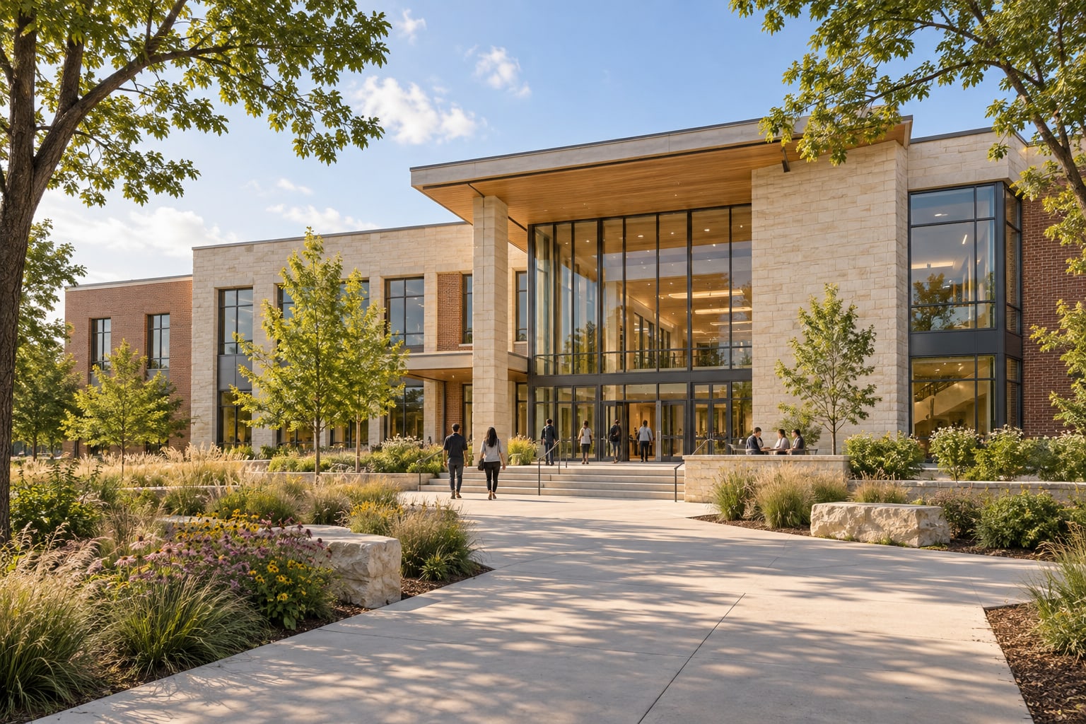 Imagined community learning center with limestone walls and a welcoming landscaped entrance