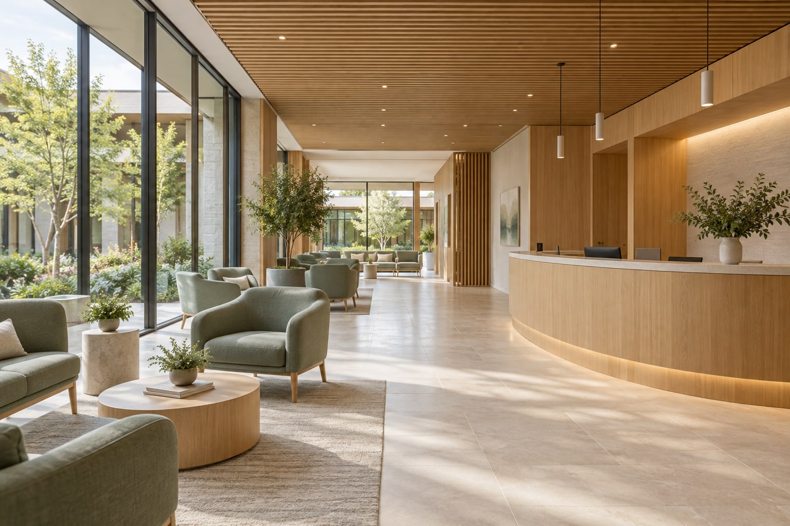 Imagined wellness clinic interior with warm oak, green seating and courtyard views
