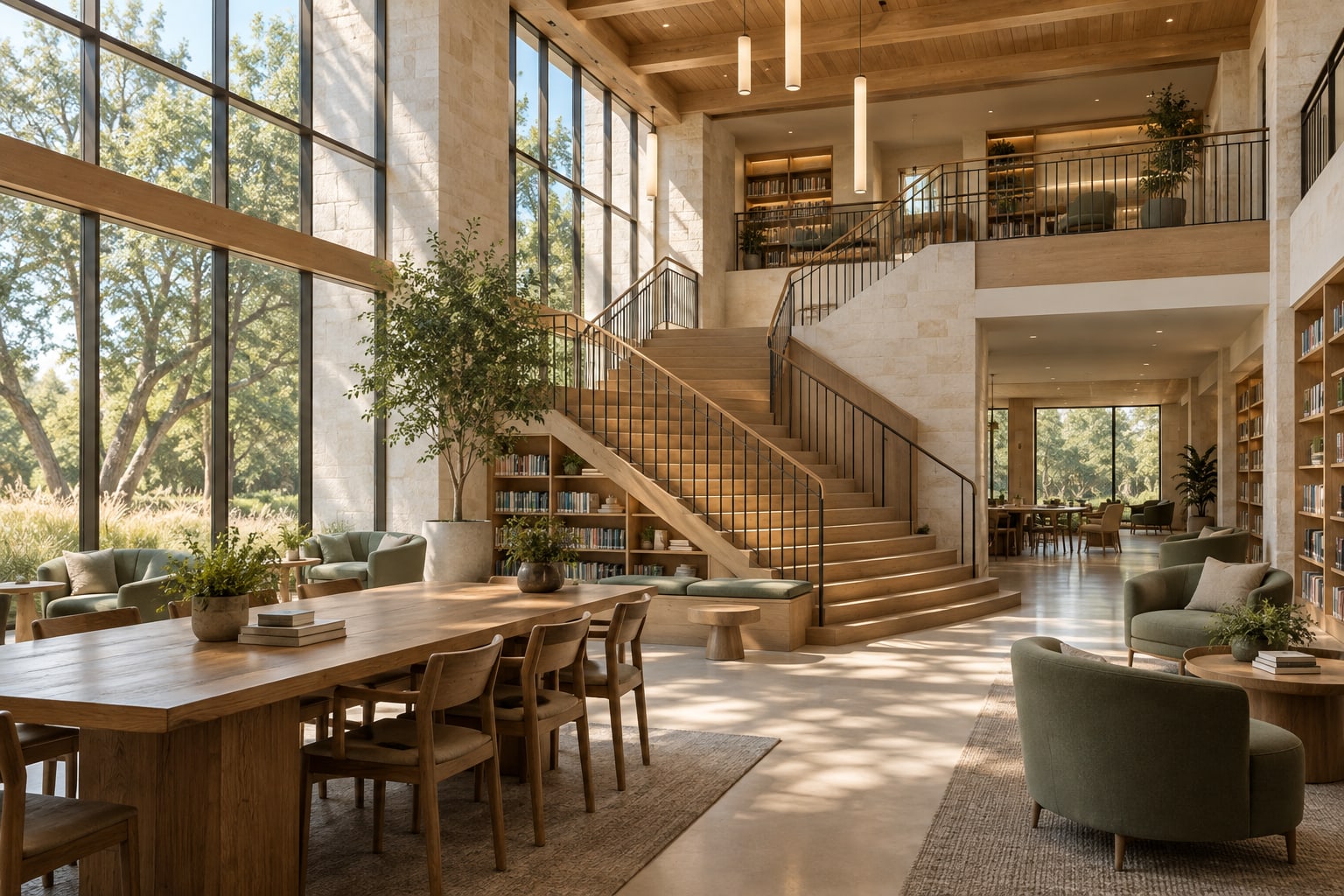 Fictional learning-center library with an oak staircase, shared reading tables and sunlit limestone walls