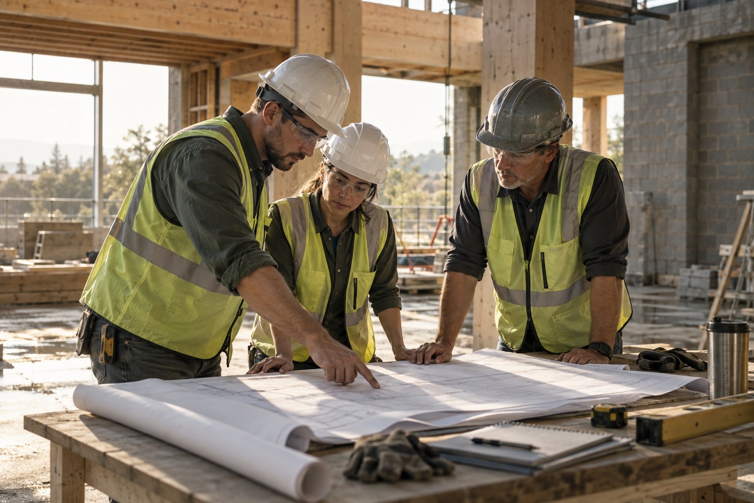 AI-generated illustration of construction professionals reviewing plans together