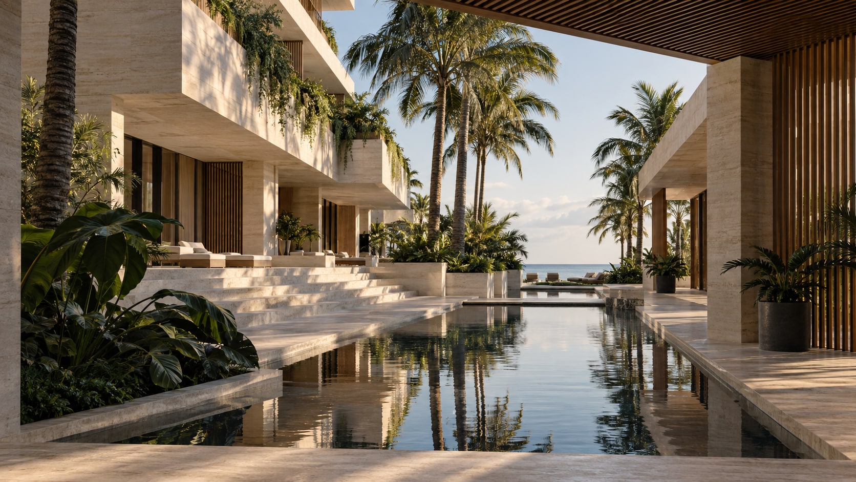 Imagined coastal hotel with travertine terraces, palms and reflecting water