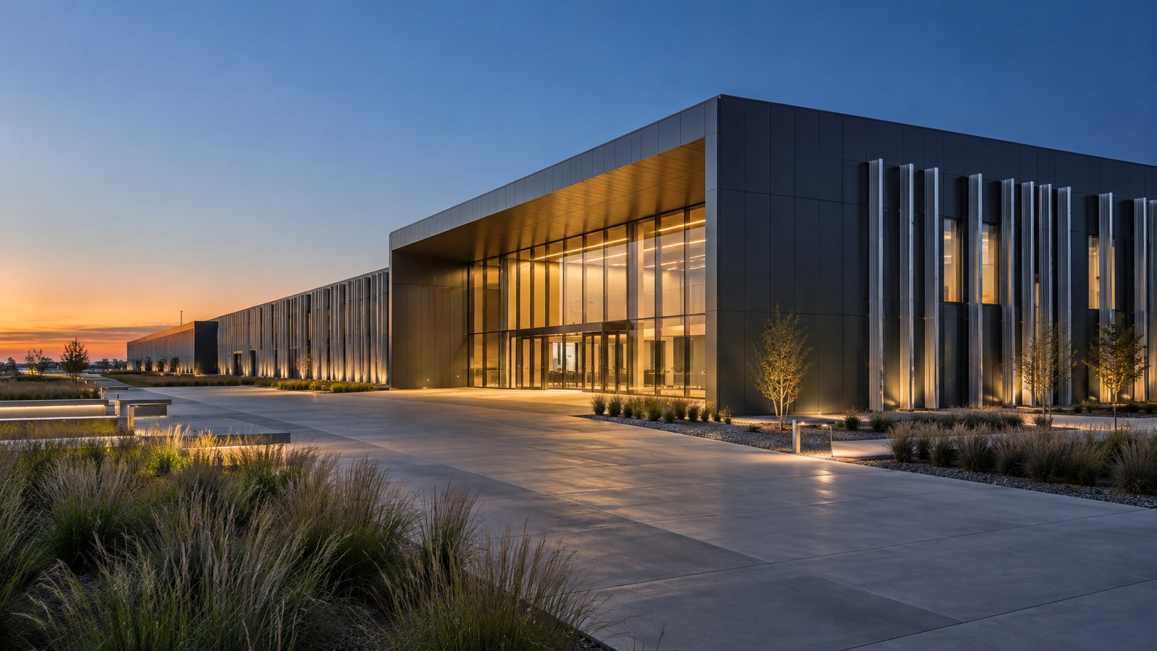 Fictional advanced computing campus with metal fins and a warm-lit entrance