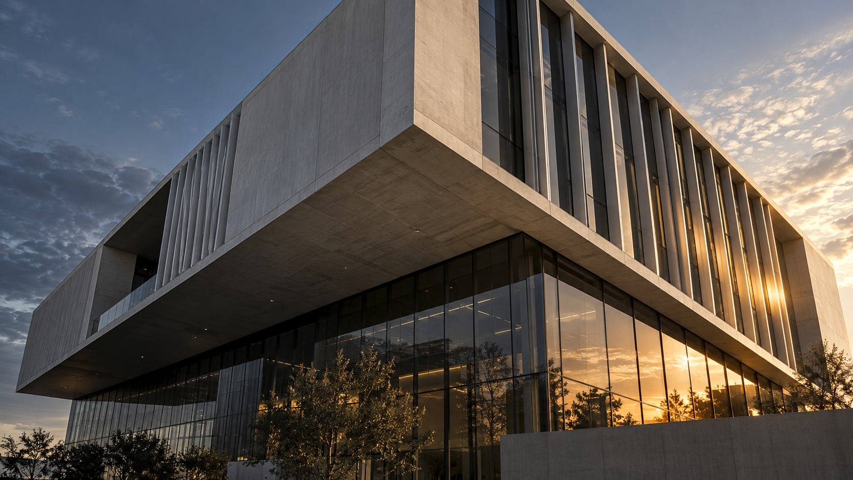 Concept architecture: a cantilevered concrete and glass workplace in the evening sun