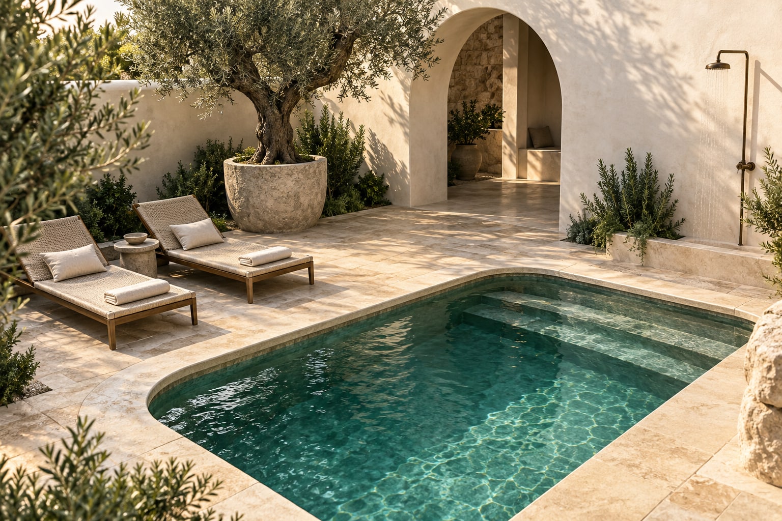 Fictional intimate plunge pool in a limewashed courtyard with an olive tree and travertine terrace