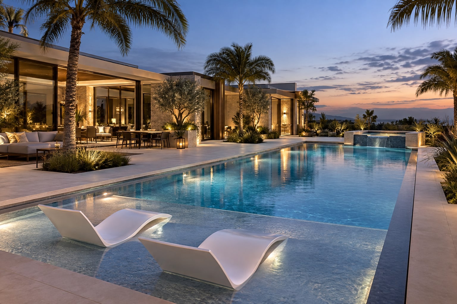 Fictional estate pool with submerged loungers, a raised spa and evening-lit villa
