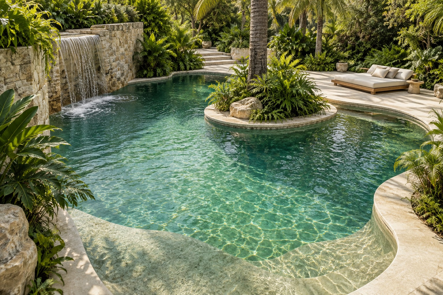Fictional curved jade pool surrounding a lush palm island with a stone waterfall