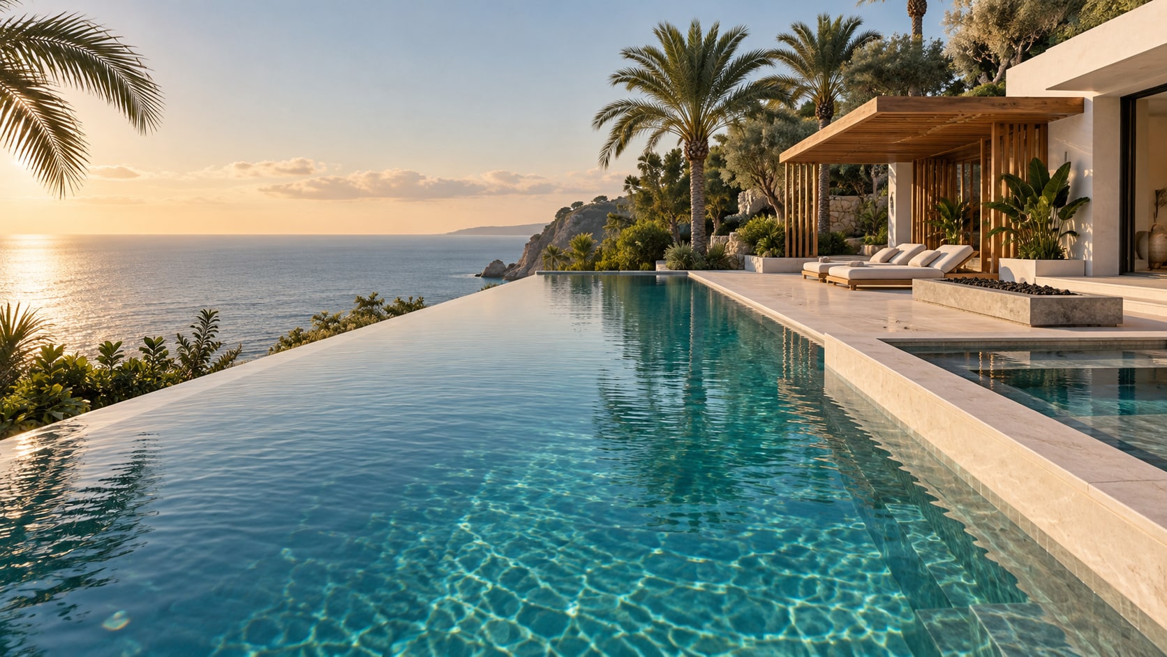 Imagined coastal infinity pool beside a limestone terrace and warm timber pavilion in afternoon light