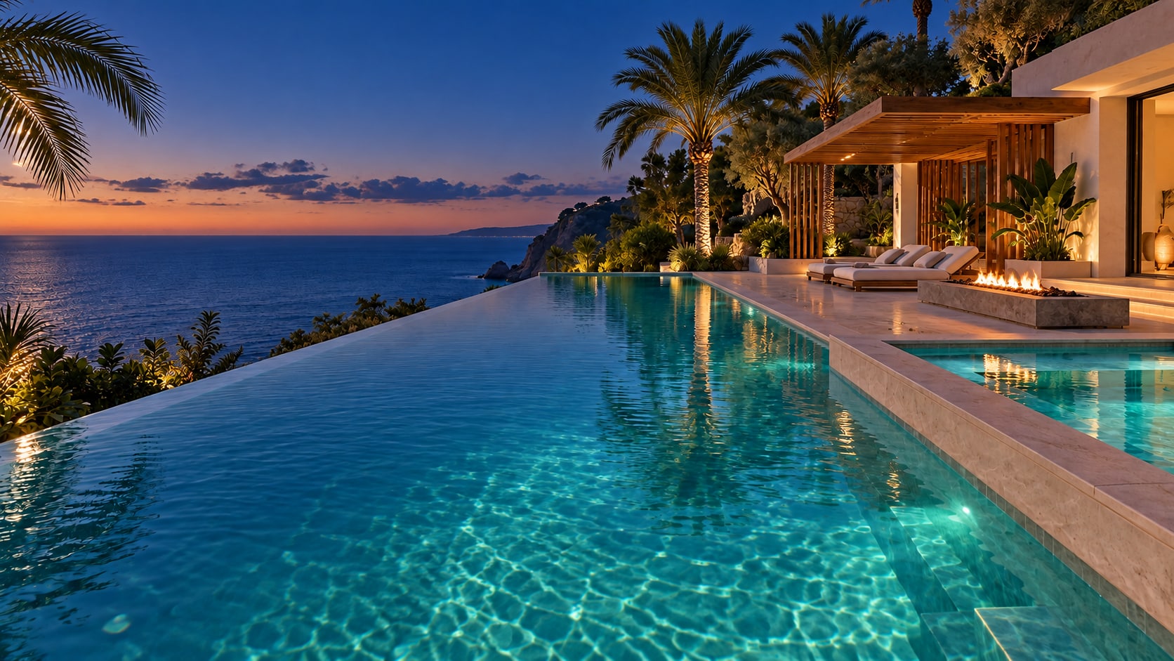 The same fictional coastal pool at twilight with glowing water, warm lighting and a fire feature